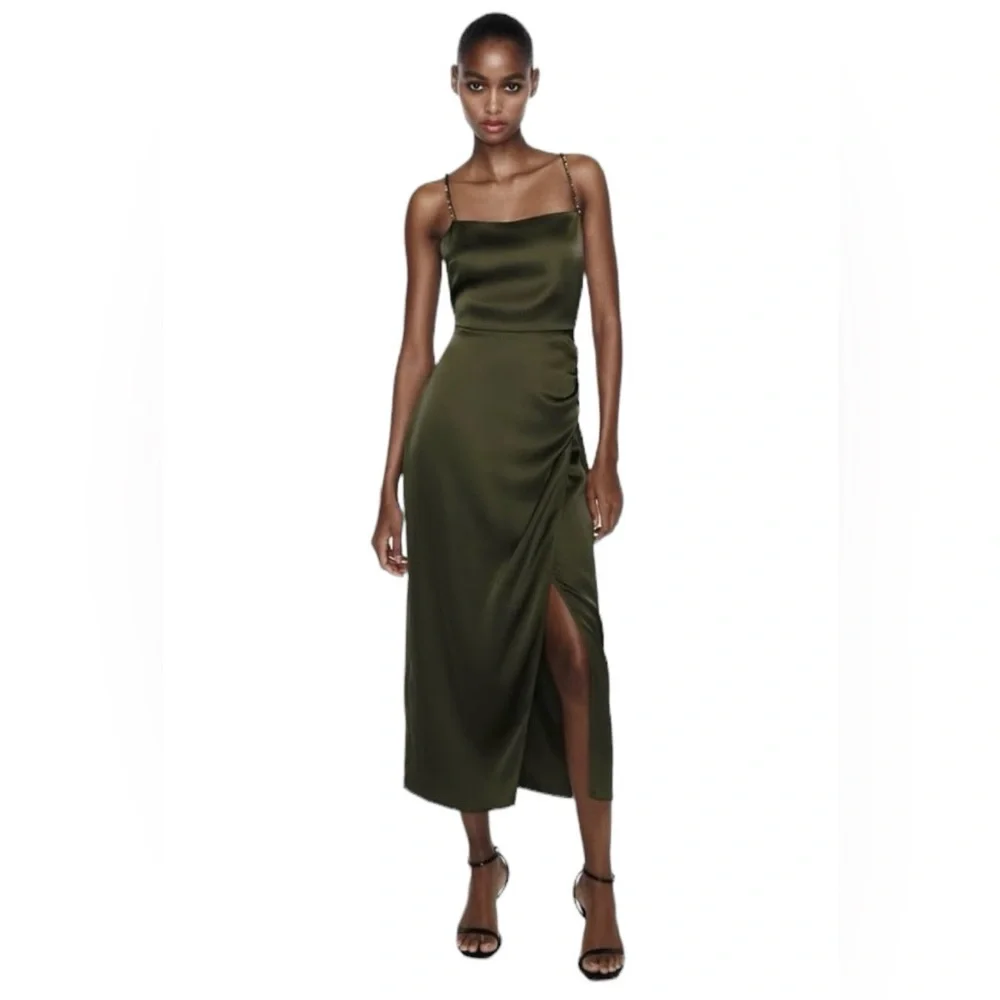ZARA | NWT Satin Effect Beaded Slip Midi Dress in Khaki/Olive Green, Size Small - Picture 11 of 12